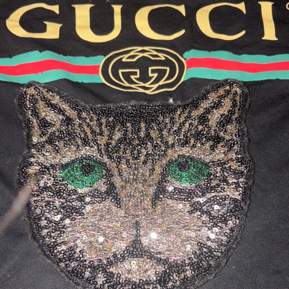 Vintage Black GUCCI graphic Relaxed T-Shirt with sequined Kitty Cat & GG Logo - Picture 3 of 13